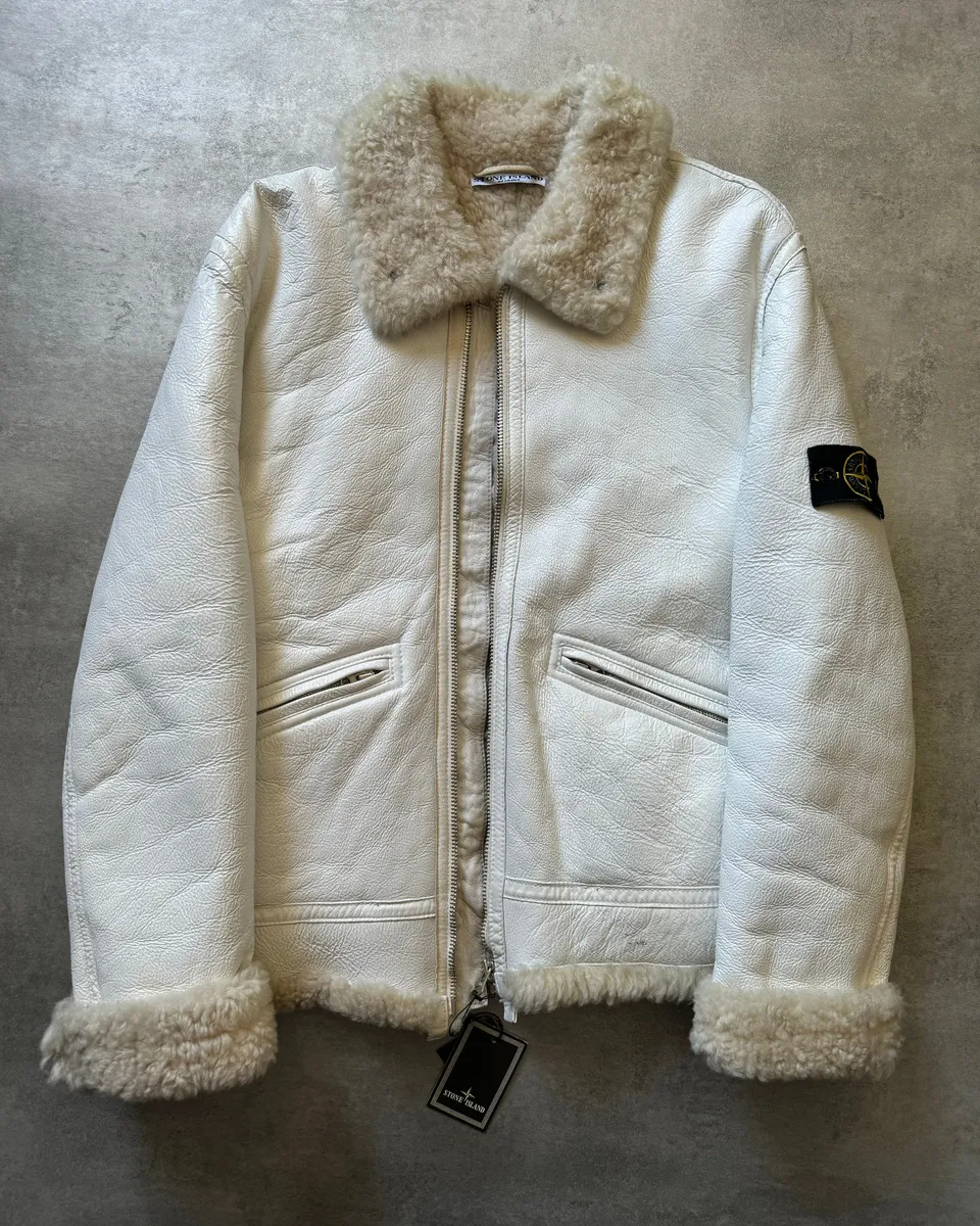 AW2006 Stone Island Hand Painted Sheepskin White Shearling Leather Jacket - Image 9