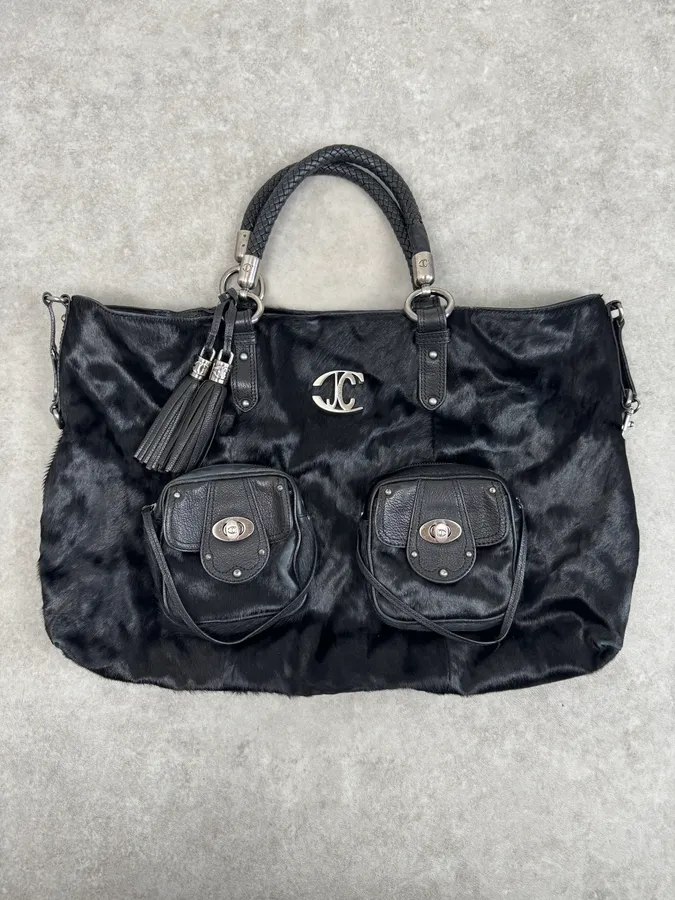 AW2007 Cavalli Black Faux Fur Front Pockets Shoulder Bag