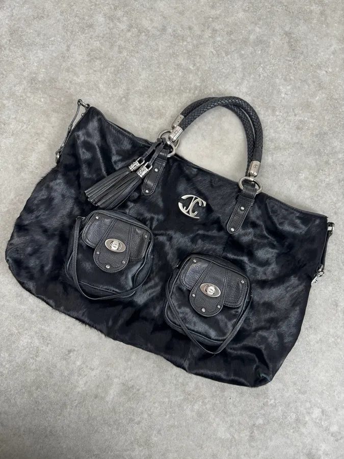 AW2007 Cavalli Black Faux Fur Front Pockets Shoulder Bag - Image 5