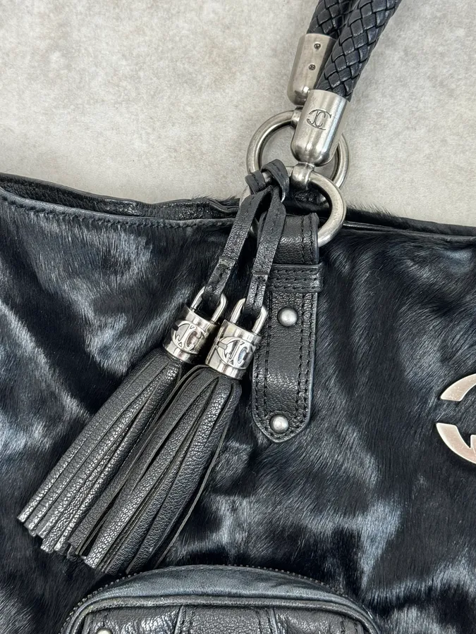 AW2007 Cavalli Black Faux Fur Front Pockets Shoulder Bag - Image 8