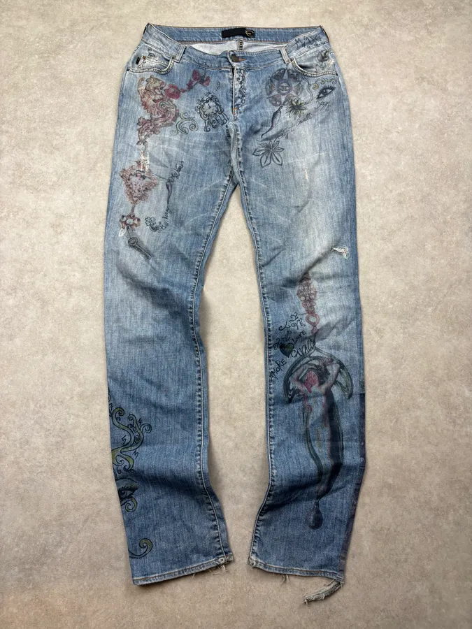 AW2007 Cavalli Blue Denim Painted Abstract Jeans