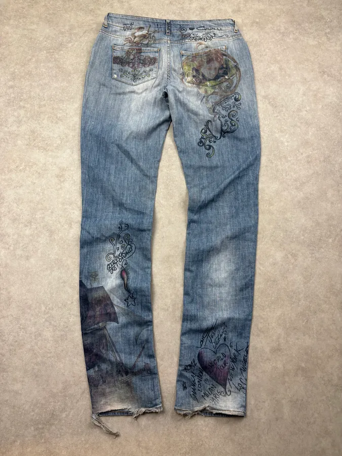 AW2007 Cavalli Blue Denim Painted Abstract Jeans - Image 2