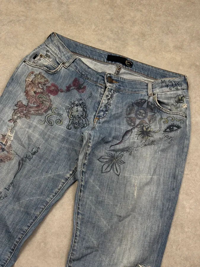 AW2007 Cavalli Blue Denim Painted Abstract Jeans - Image 6