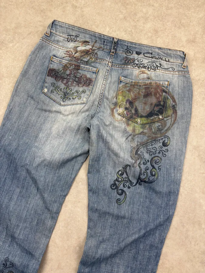 AW2007 Cavalli Blue Denim Painted Abstract Jeans - Image 7