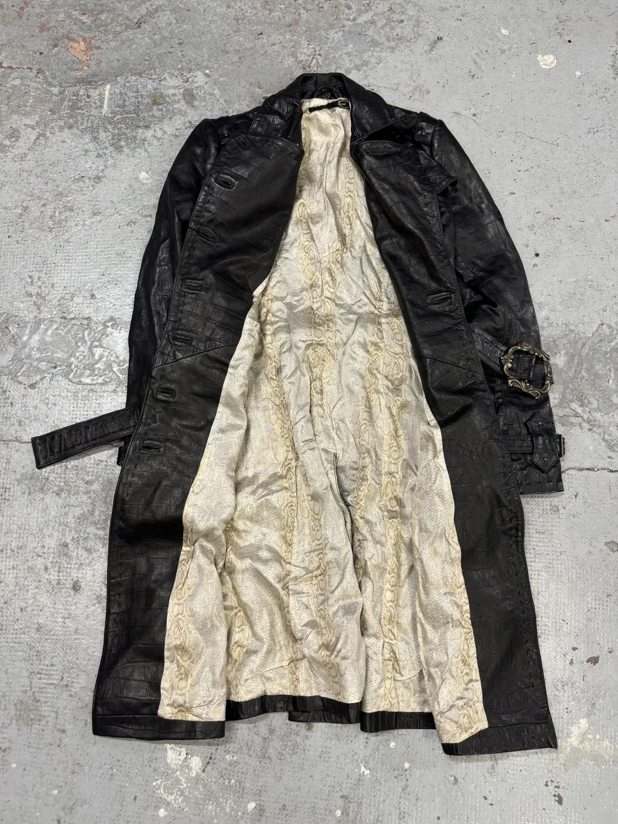 AW2007 Cavalli Crococile Effect Leather Ornament Buckle Black Trench Jacket - Image 5