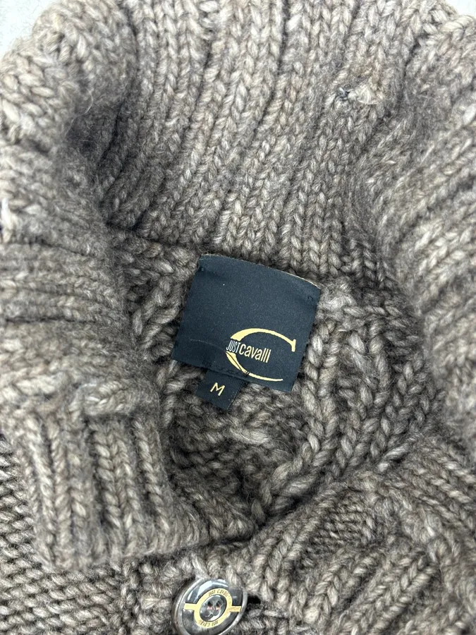 AW2007 Cavalli Grey Wool Cable Knit Logo Buttoned Sweater - Image 9