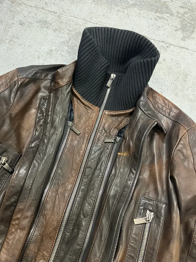 AW2007 Dirk Bikkembergs Layered High Collar Brown Leather Jacket - Image 6