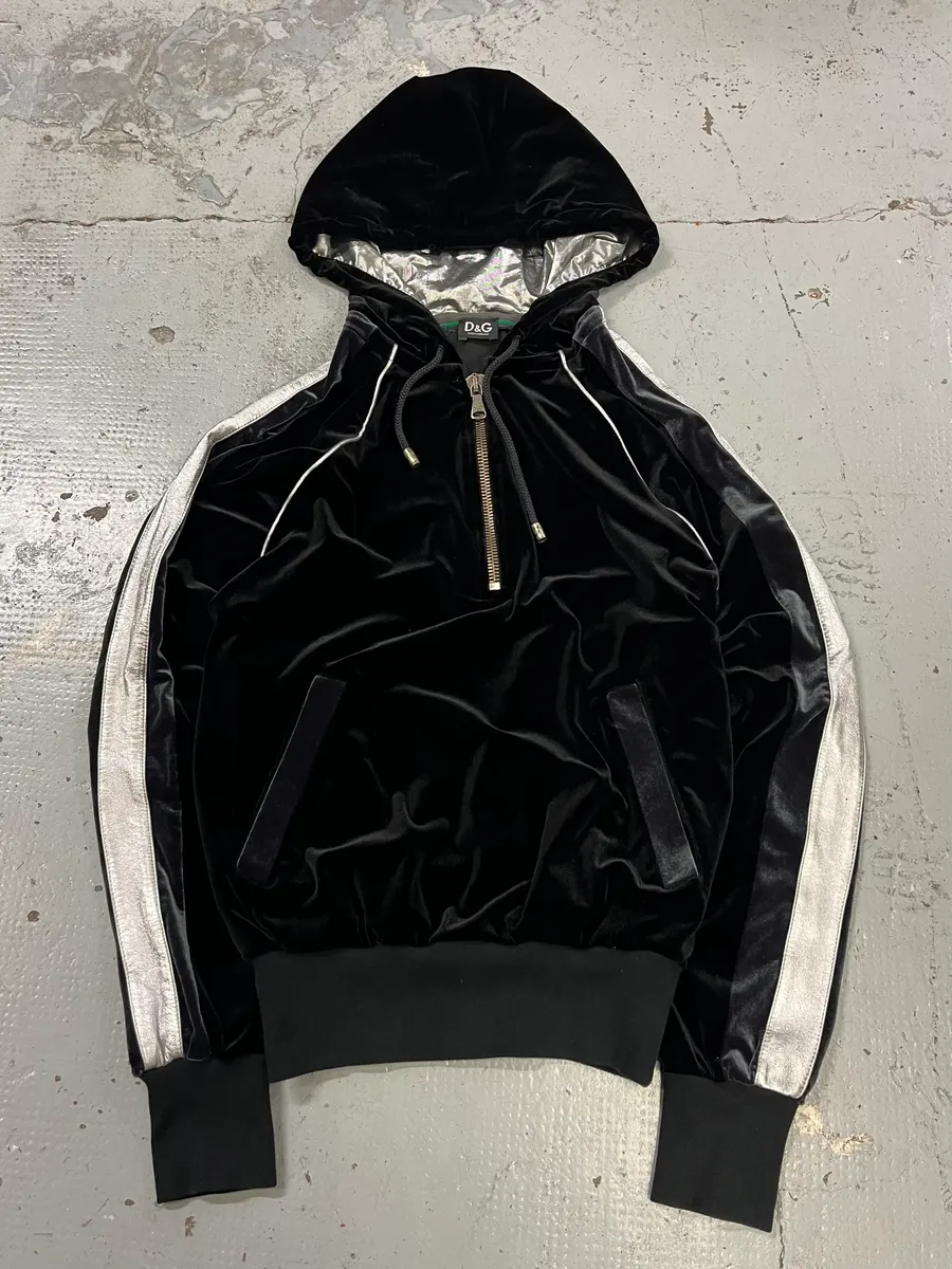 AW2007 Dolce & Gabbana Black Velvet Metallic Zip Hoodie - Image 3