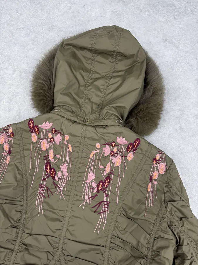 AW2007 Galliano Khaki Embroidered Flowers & Fur Bomber Jacket - Image 7