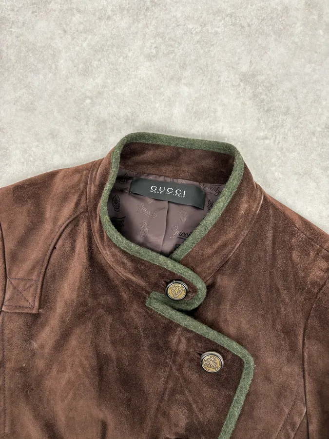 AW2007 Gucci Brown Suede Leather Asymmetrical Officer Perfecto Jacket - Image 4