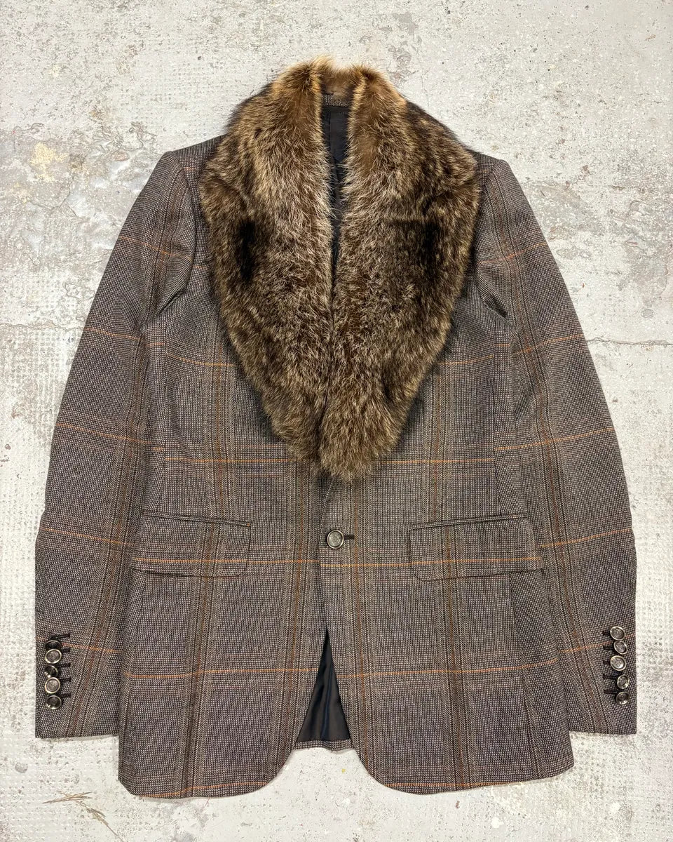 AW2007 Gucci Wolf Fur Collar Grey Tweed Blazer Jacket