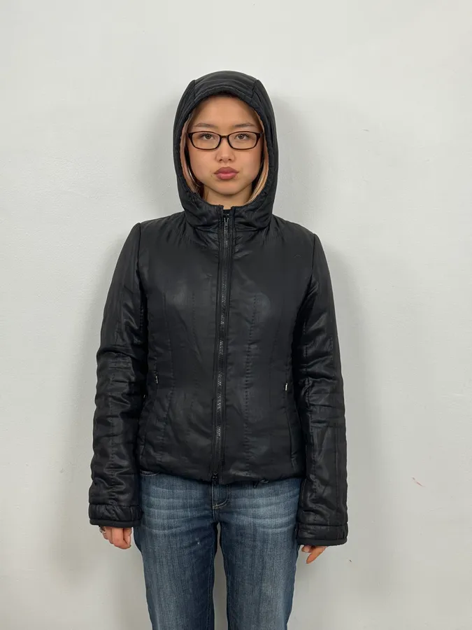 AW2007 Prada Black Shiny Hooded Puffer Jacket - Image 2