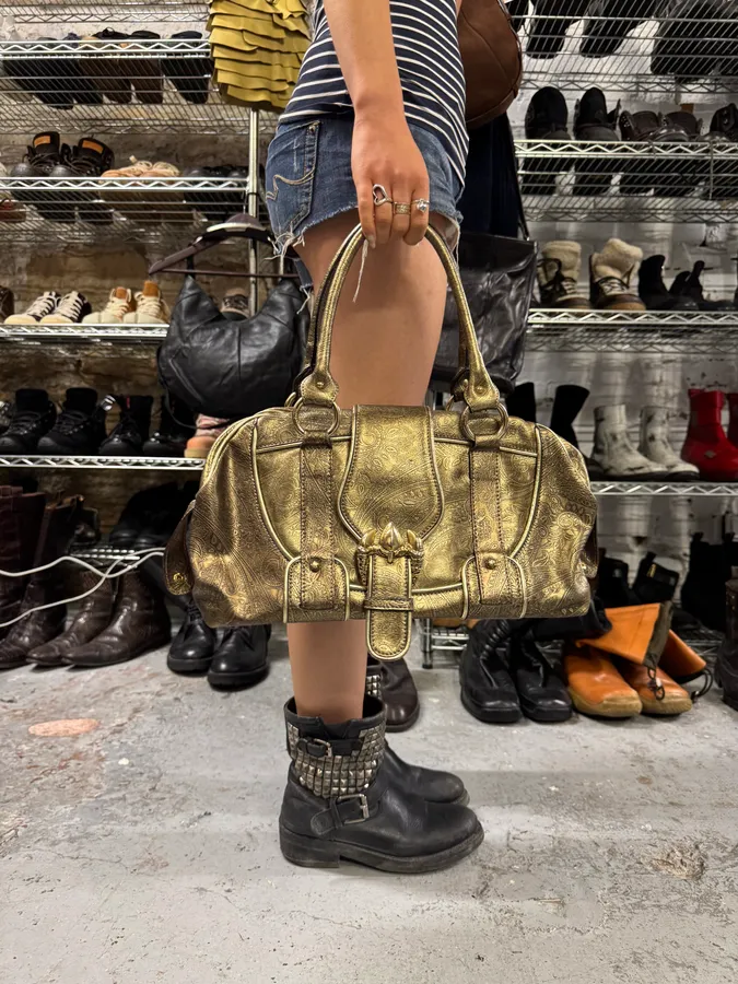 AW2007 Roberto Cavalli Gold Buckle Embroidered Handle Leather Bag - Image 2