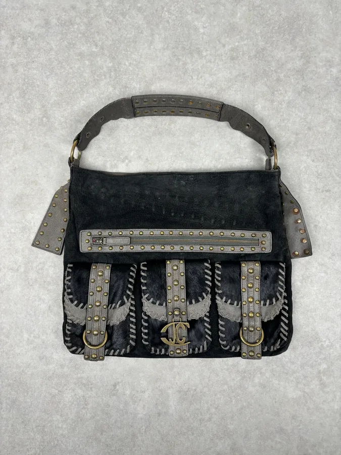AW2008 Cavalli Black Fur Suede Shoulder Bag