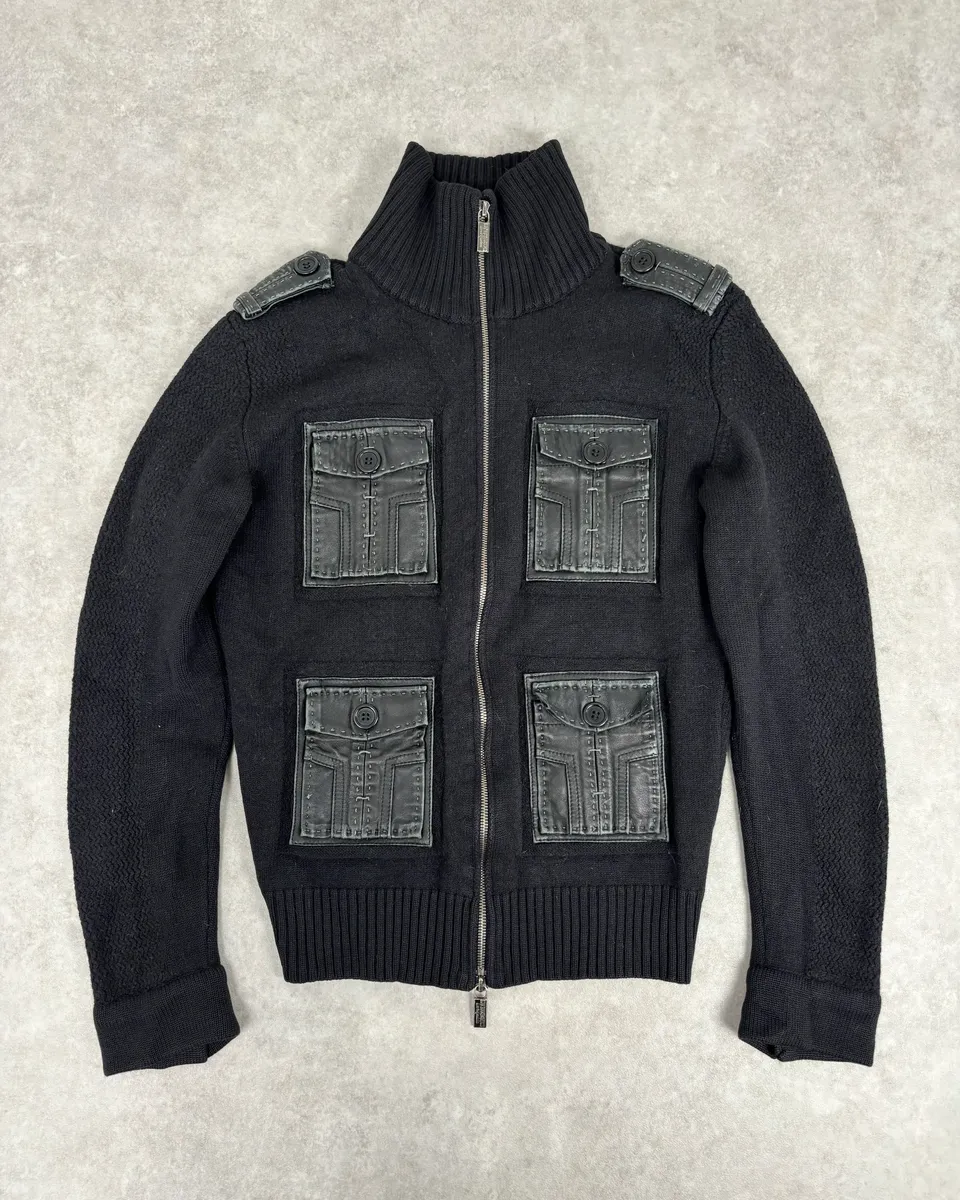 AW2008 Dirk Bikkembergs Black Hybrid Wool & Leather Minimalist Zip-up Sweater