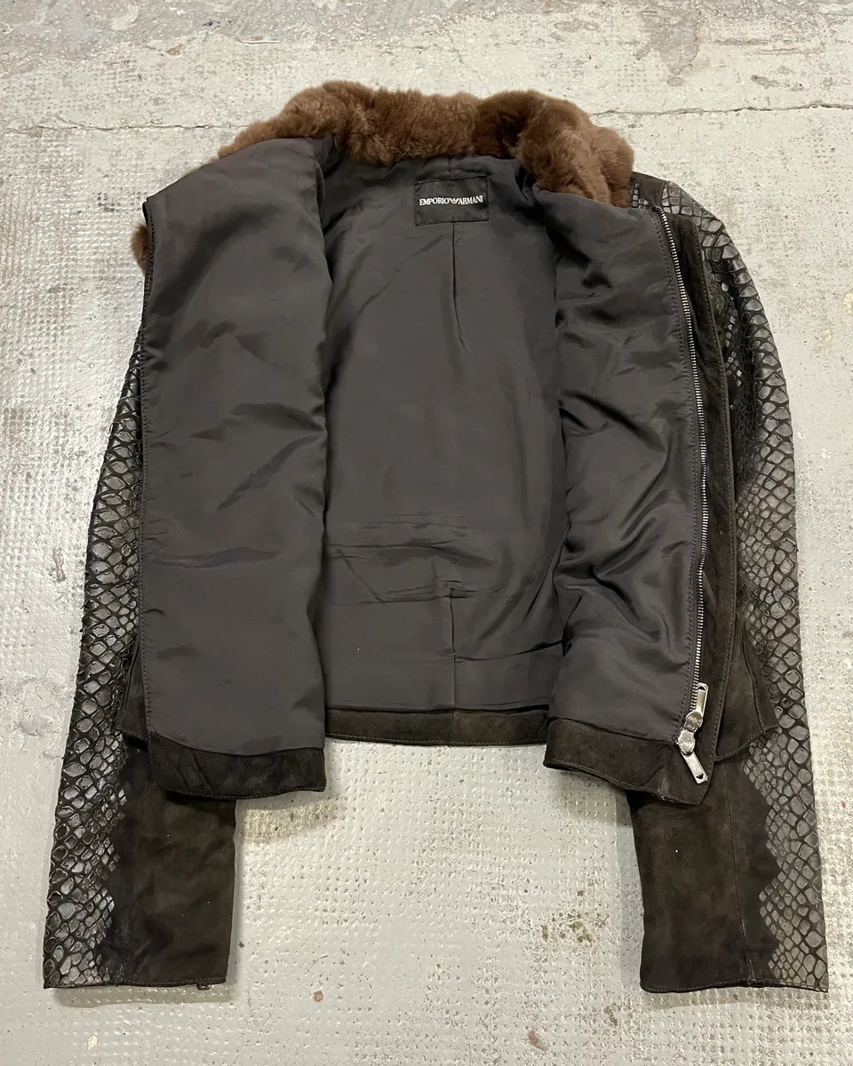 AW2008 Emporio Armani Black Leather Fur Collar Snake Skin Effect Jacket - Image 9