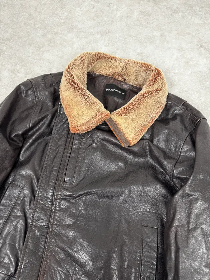 AW2008 Emporio Armani Brown Avant-Garde Fur Collar Leather Jacket - Image 6