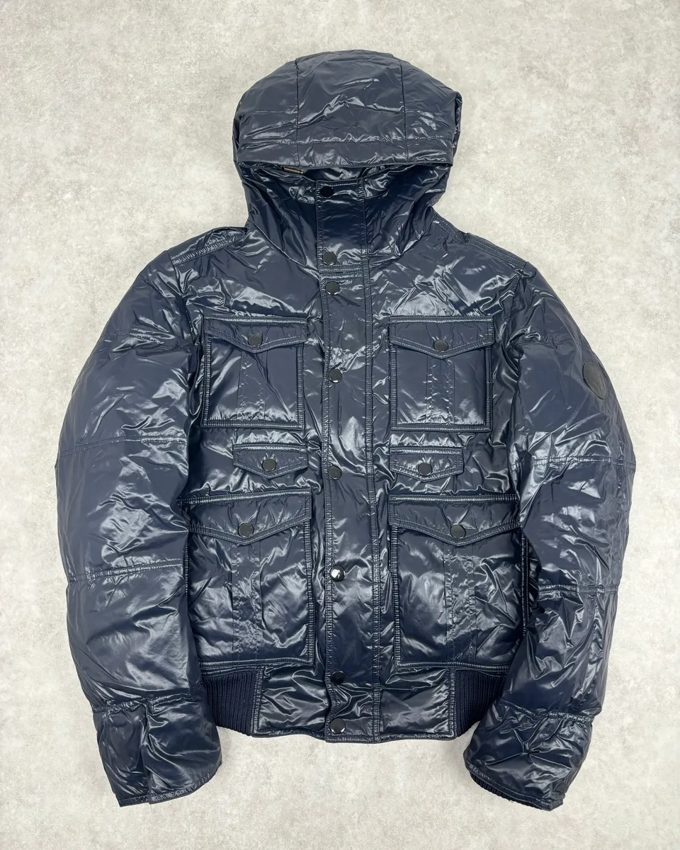 AW2008 Gucci Navy Satin Hooded Puffer Bomber Jacket