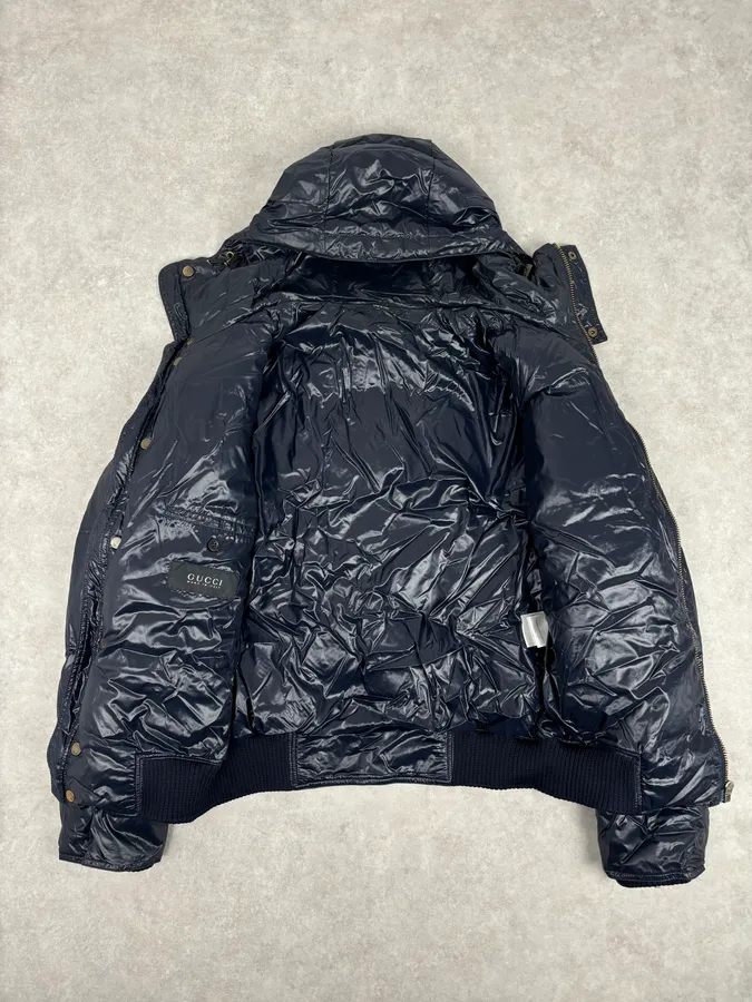 AW2008 Gucci Navy Satin Hooded Puffer Bomber Jacket - Image 7