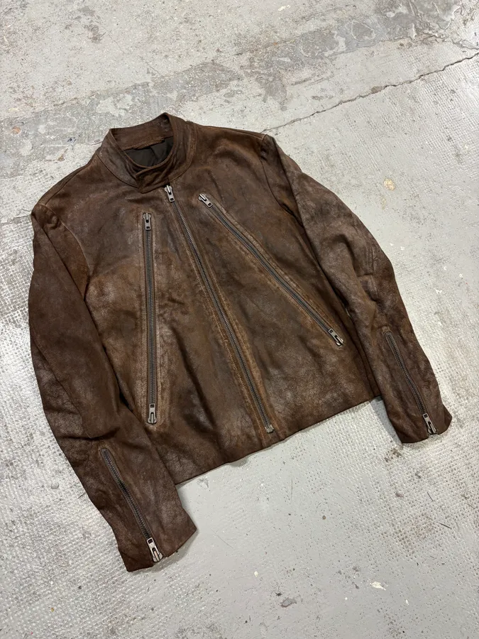 AW2008 Maison Margiela Brown 5-Zip Eroded Leather Biker Jacket - Image 4