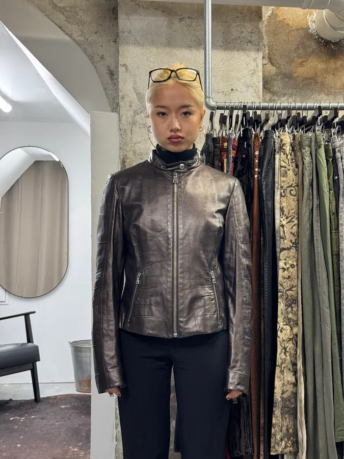 AW2008 Prada Brown Plissed Leather Biker Jacket - Image 2