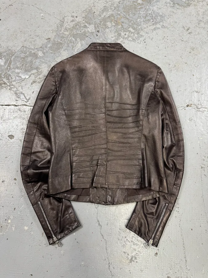 AW2008 Prada Brown Plissed Leather Biker Jacket - Image 4