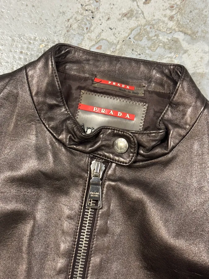 AW2008 Prada Brown Plissed Leather Biker Jacket - Image 7