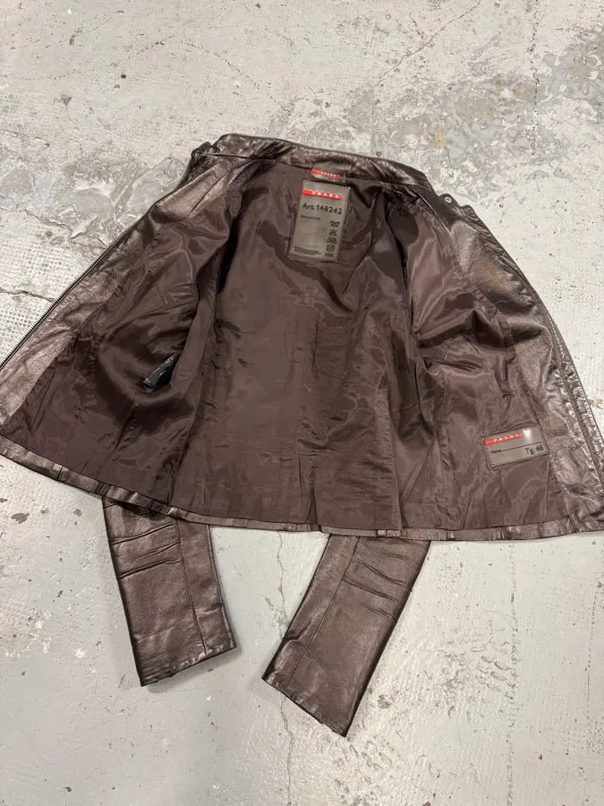 AW2008 Prada Brown Plissed Leather Biker Jacket - Image 9