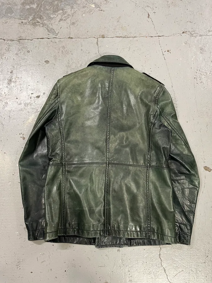 AW2008 Stone Island Green Patina Leather Eroded Green Officer Jacket - Image 4