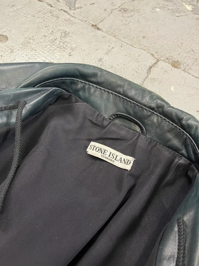 AW2008 Stone Island Green Patina Leather Eroded Green Officer Jacket - Image 9