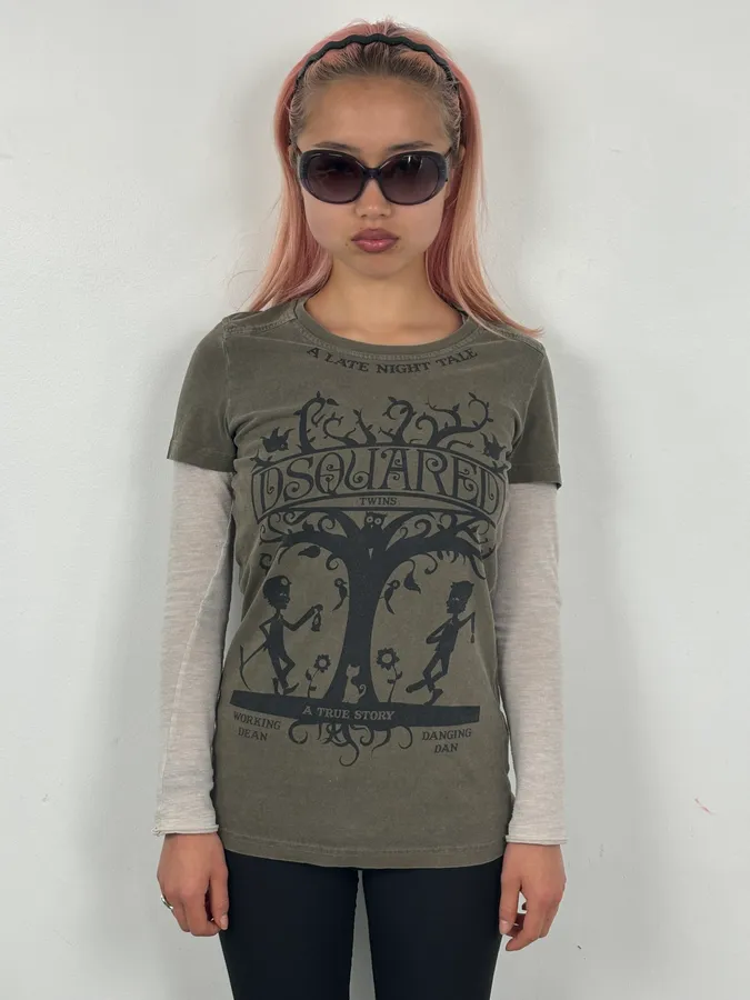 AW2009 Dsquared2 Khaki Humans Tree Nature T-Shirt - Image 3