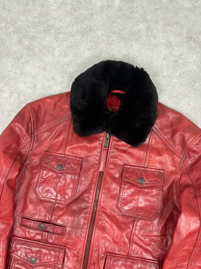 AW2009 Dsquared2 Red Leather Fur Collar Jacket - Image 4
