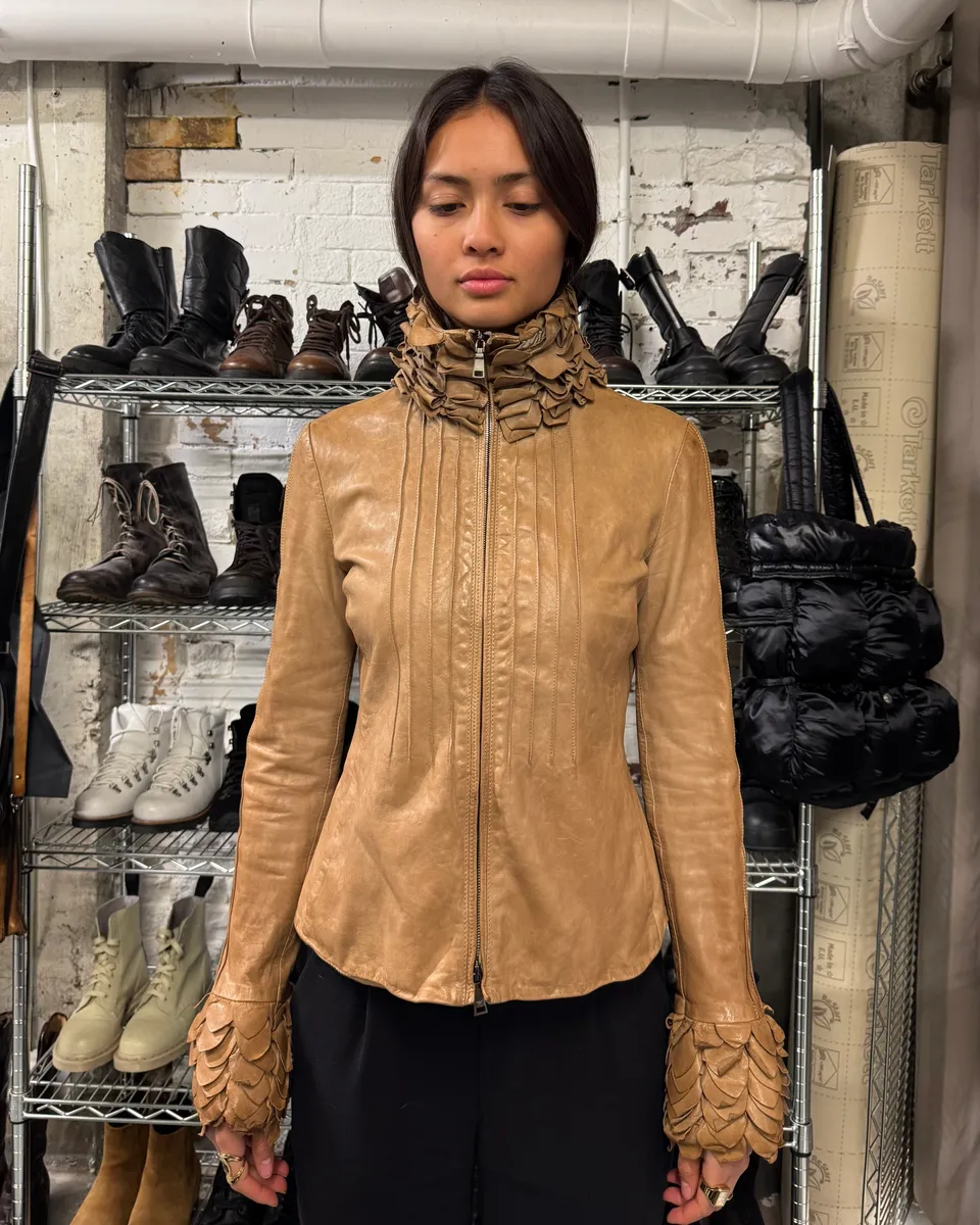 AW2009 Emporio Armani Beige Floral Neck & Wrists Leather Jacket
