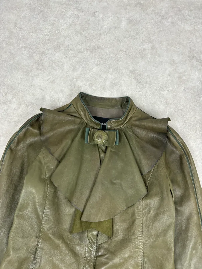 AW2009 Emporio Armani Green Lamb Skin Ruffle Collar Jacket - Image 4