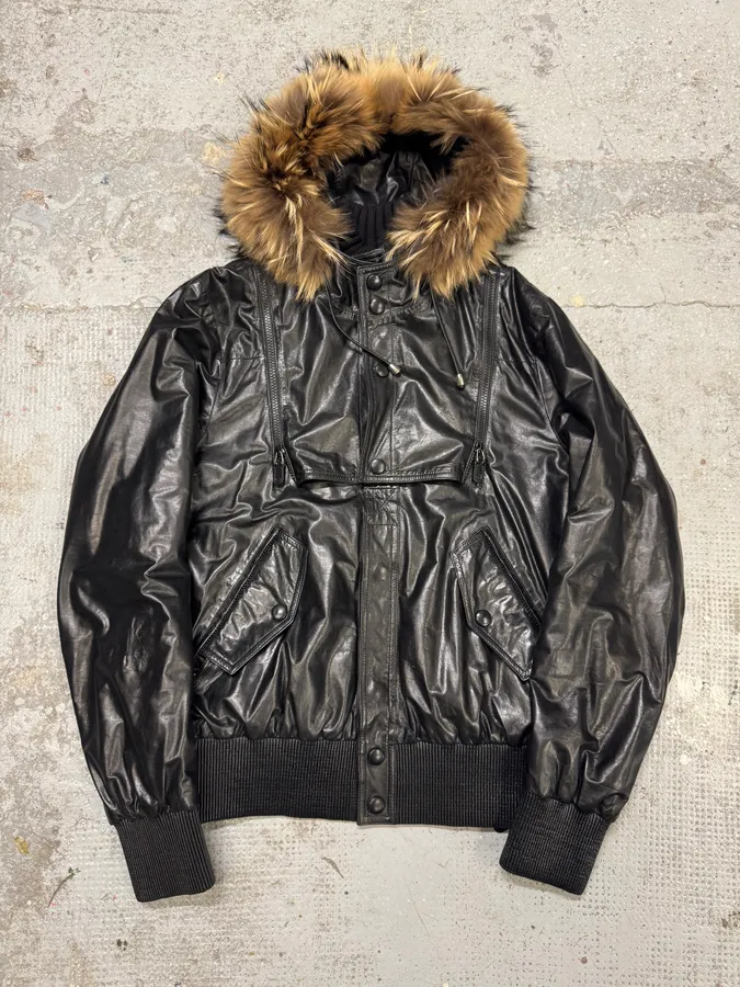 AW2009 Gucci Black Contemporary Fur Hooded Leather Jacket - Image 2