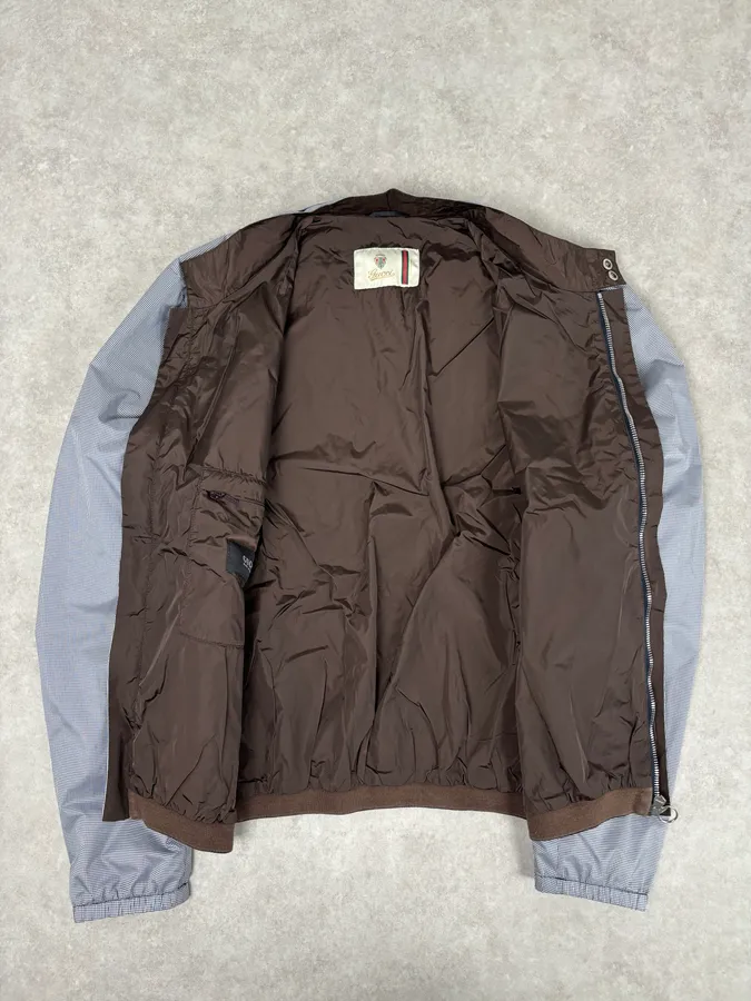 AW2009 Gucci Blue Nylon Checkered Striped Ribbing Bomber Jacket - Image 7