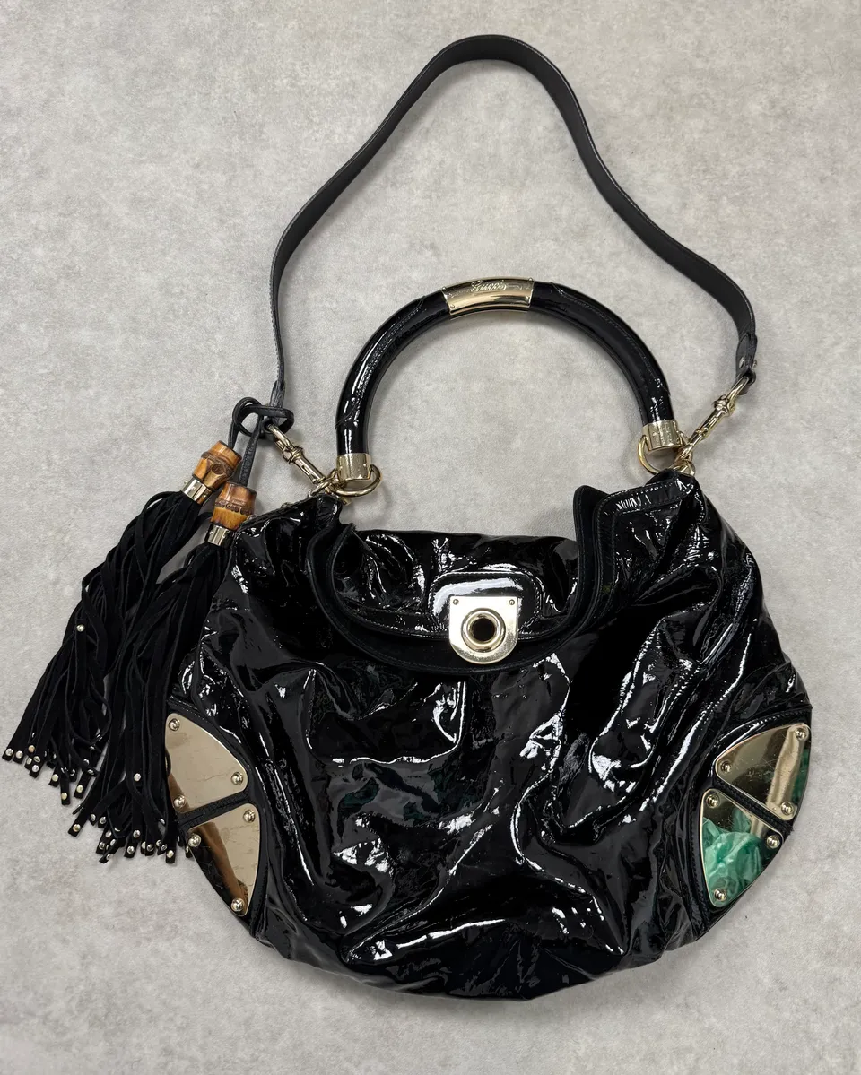 AW2009 Gucci Indy Black Shinny Leather Bamboo Handle Bag by Frida Giannini - Image 3