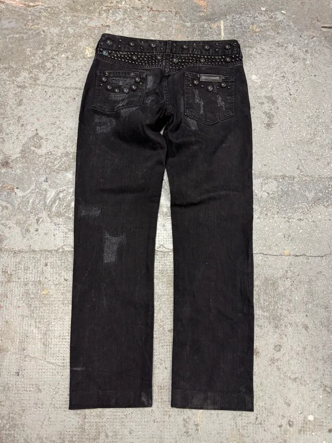 AW2010 Cavalli Studded Distressed Black Denim Jeans - Image 4