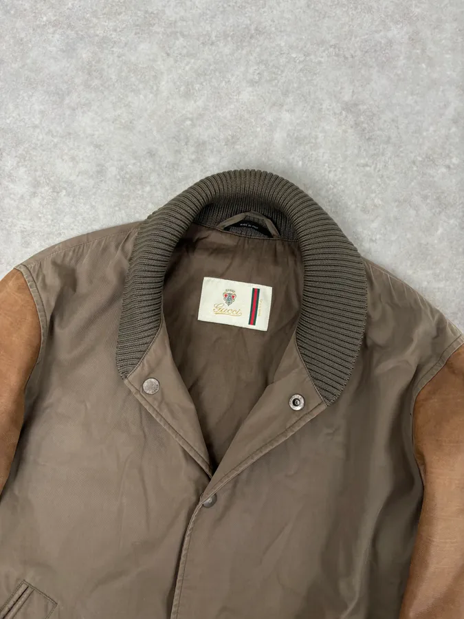 AW2010 Gucci Brown Hybrid Leather Sleeve Bomber Jacket - Image 5