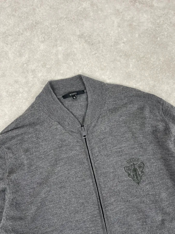 AW2010 Gucci Dark Grey Wool Embroidered Logo Zip-up Sweater - Image 5