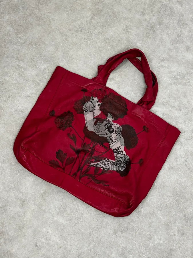 AW2010 John Galliano Red Dahlia Flowers & Geiko Girls Print Tote Bag - Image 5