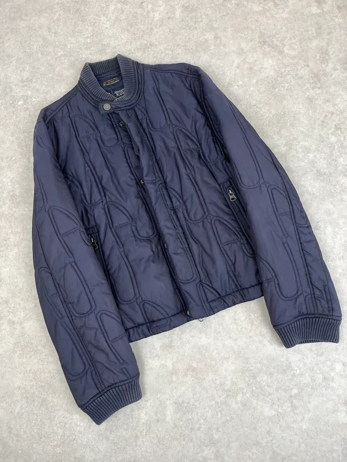 AW2011 Armani Navy AJ Embossed Propaganda Bomber Jacket - Image 4