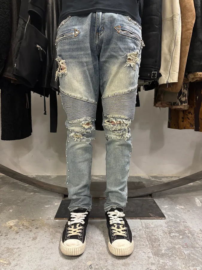 AW2011 Balmain Blue Studded Denim Jeans - Image 2