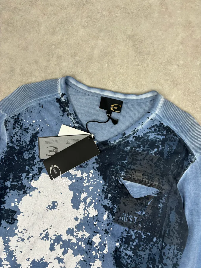 AW2011 Cavalli Blue Military Distressed Graphic V-Neck Longsleeve - Image 4