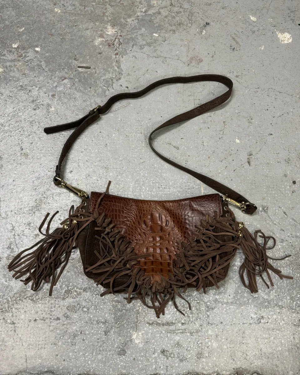 AW2011 Cavalli Brown Farwest Fringe Crocodile Effect Embossed Leather Bag