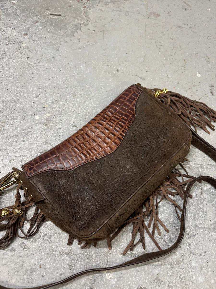 AW2011 Cavalli Brown Farwest Fringe Crocodile Effect Embossed Leather Bag - Image 2