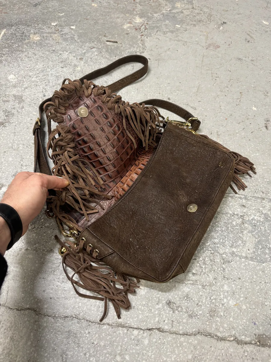 AW2011 Cavalli Brown Farwest Fringe Crocodile Effect Embossed Leather Bag - Image 3