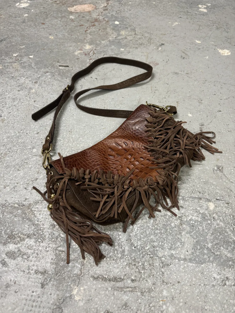 AW2011 Cavalli Brown Farwest Fringe Crocodile Effect Embossed Leather Bag - Image 4