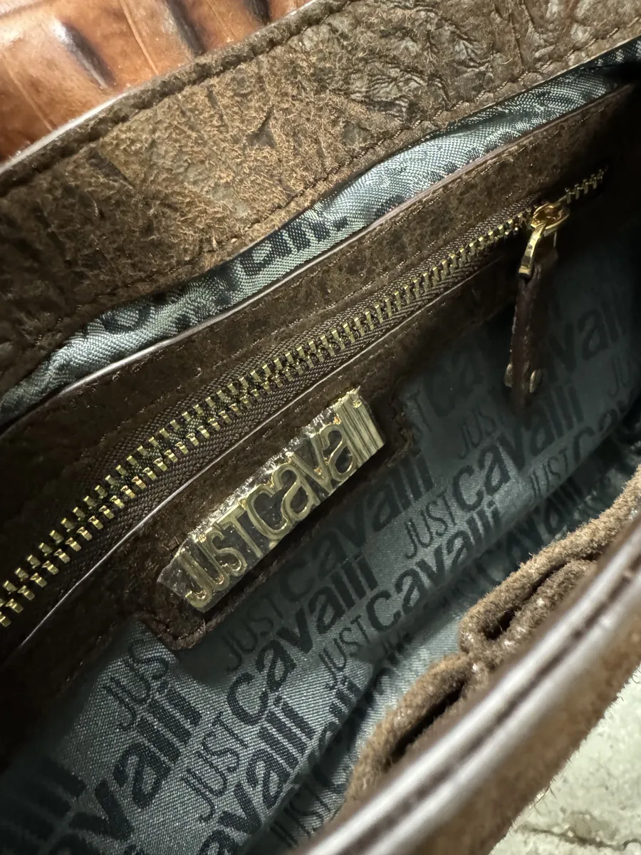 AW2011 Cavalli Brown Farwest Fringe Crocodile Effect Embossed Leather Bag - Image 6