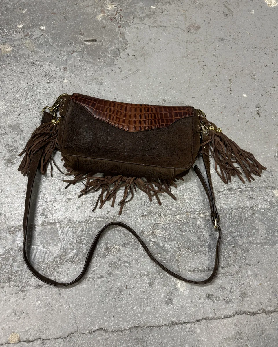 AW2011 Cavalli Brown Farwest Fringe Crocodile Effect Embossed Leather Bag - Image 8